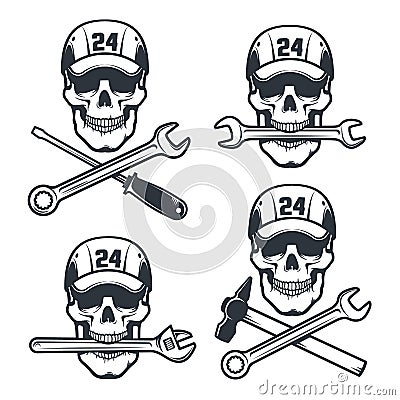 Mechanic Skull in cap with spanner and hammer - retro logo Vector Illustration