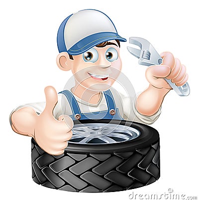 Mechanic with spanner and tire Vector Illustration