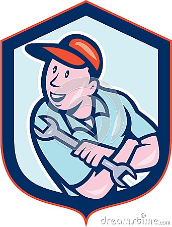 Mechanic Spanner Wrench Shield Cartoon Vector Illustration