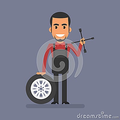 Mechanic stands near car wheel and holds wrench Vector Illustration