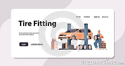 mechanic in uniform repairing tire man working and fixing wheel car service automobile repair and check up Vector Illustration