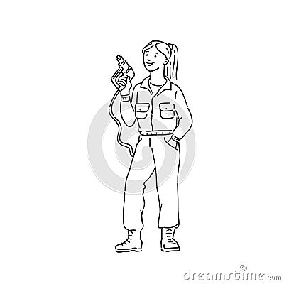 Mechanic woman in professional jumpsuit with tool in hand. Line art style character vector black white isolated Vector Illustration