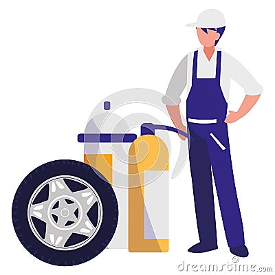 Mechanic worker with extinguisher fire and tire Vector Illustration