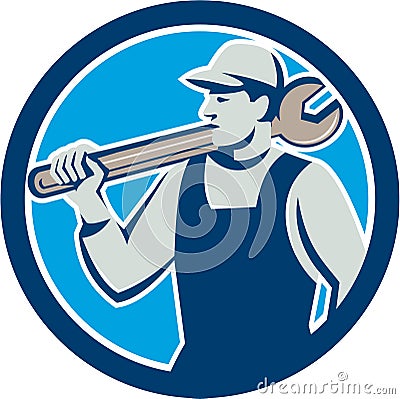 Mechanic Worker Holding Spanner Circle Retro Vector Illustration