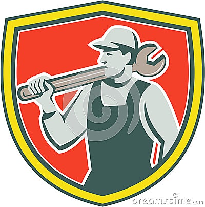 Mechanic Worker Holding Spanner Shield Retro Vector Illustration