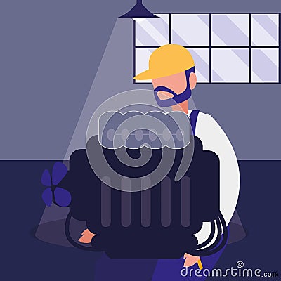 Mechanic worker lifting car engine Vector Illustration