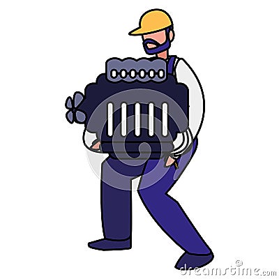 Mechanic worker lifting car engine Vector Illustration