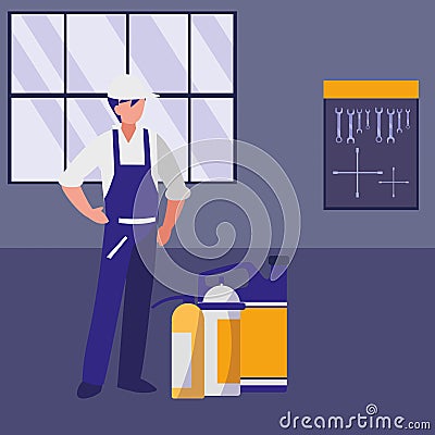 Mechanic worker with oil gallon Vector Illustration