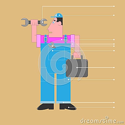 Mechanic worker plumber in blue overalls Vector Illustration