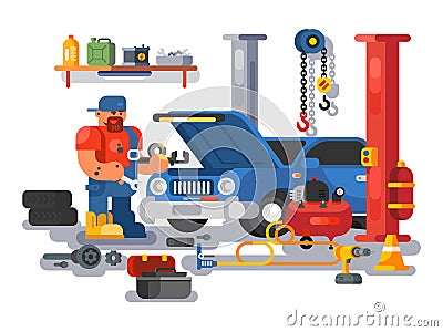 Mechanic worker repairs car in garage Vector Illustration