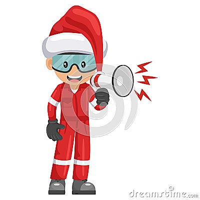 Mechanic worker with Santa Claus hat making an announcement with a megaphone. Merry christmas. Engineer with his personal Vector Illustration