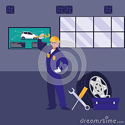 Mechanic worker with tire car and tools Vector Illustration