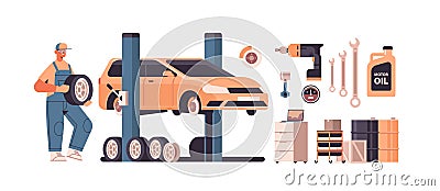 Mechanic working and fixing vehicle car service automobile repair and check up maintenance station concept Vector Illustration