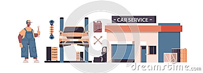 Mechanic working and fixing vehicle car service automobile repair and check up maintenance station concept Vector Illustration