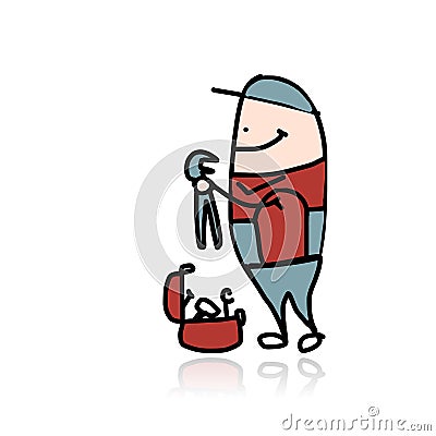 Mechanic with wrench and suitcase for instruments Vector Illustration