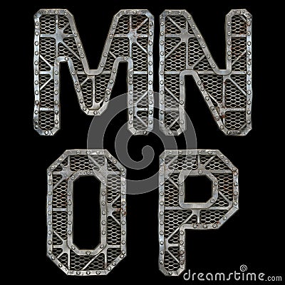 Mechanical alphabet made from rivet metal with gears on black background. Set of letters M, N, O, P. 3D Stock Photo