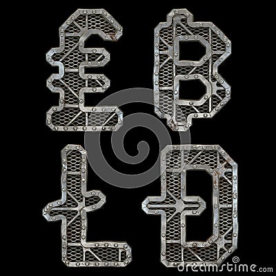 Mechanical alphabet made from rivet metal with gears on black background. Set of symbols lira, baht, litecoin, dashcoin Stock Photo