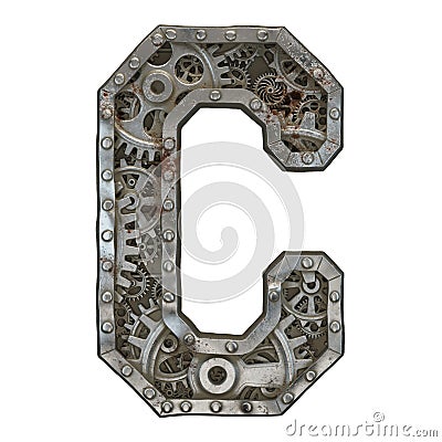 Mechanical alphabet made from rivet metal with gears on white background. Letter C. 3D Stock Photo