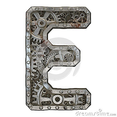 Mechanical alphabet made from rivet metal with gears on white background. Letter E. 3D Stock Photo