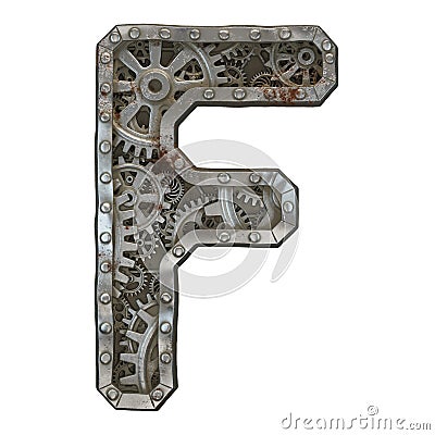 Mechanical alphabet made from rivet metal with gears on white background. Letter F. 3D Stock Photo