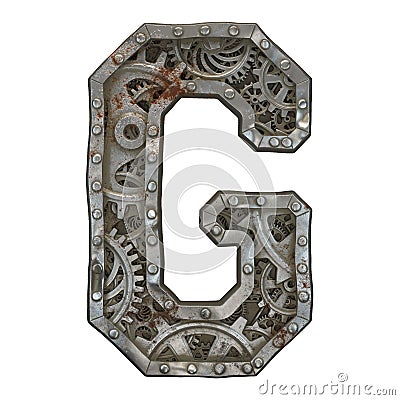 Mechanical alphabet made from rivet metal with gears on white background. Letter G. 3D Stock Photo