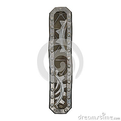 Mechanical alphabet made from rivet metal with gears on white background. Letter I. 3D Stock Photo