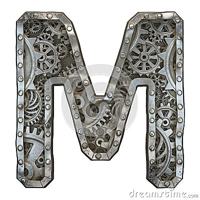 Mechanical alphabet made from rivet metal with gears on white background. Letter M. 3D Stock Photo