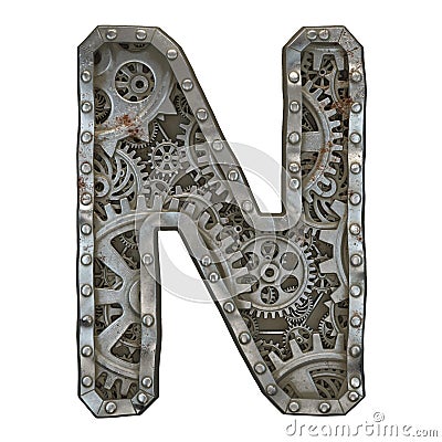 Mechanical alphabet made from rivet metal with gears on white background. Letter N. 3D Stock Photo