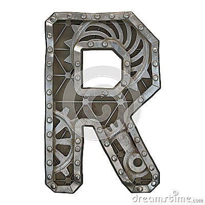 Mechanical alphabet made from rivet metal with gears on white background. Letter R. 3D Stock Photo