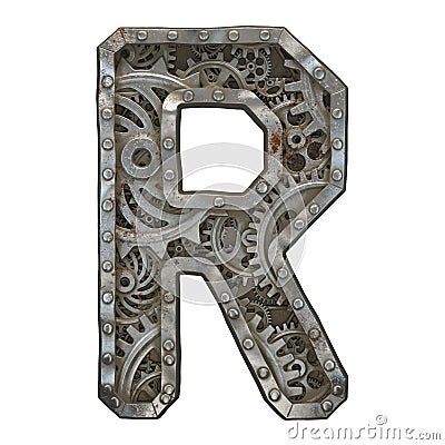 Mechanical alphabet made from rivet metal with gears on white background. Letter R. 3D Stock Photo