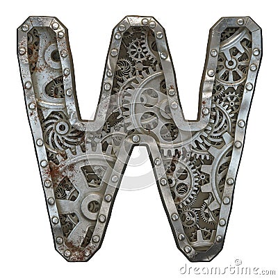 Mechanical alphabet made from rivet metal with gears on white background. Letter W. 3D Stock Photo