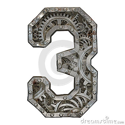 Mechanical alphabet made from rivet metal with gears on white background. Number 3. 3D Stock Photo