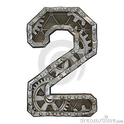 Mechanical alphabet made from rivet metal with gears on white background. Number 2. 3D Stock Photo