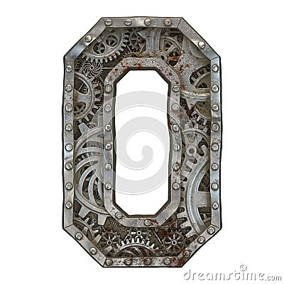 Mechanical alphabet made from rivet metal with gears on white background. Number 0. 3D Stock Photo