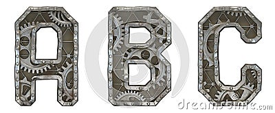 Mechanical alphabet made from rivet metal with gears on white background. Set of letters A, B, C. 3D Stock Photo