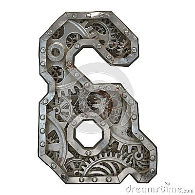 Mechanical alphabet made from rivet metal with gears on white background. Symbol ampersand. 3D Stock Photo