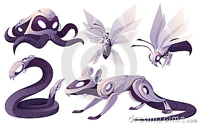Mechanical animals, octopus, snake, rat, insects Vector Illustration