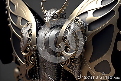 Mechanical butterfly with silver and gold details in rococo style - Generative AI. Stock Photo