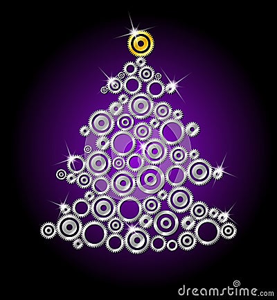 Mechanical Christmas tree with gears Cartoon Illustration