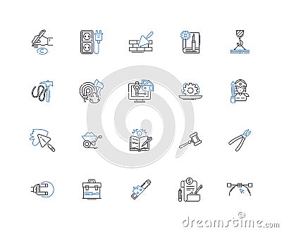 Mechanical design line icons collection. Solidworks, CAD, Blueprint, Machining, Tooling, Prototyping, Drafting vector Vector Illustration