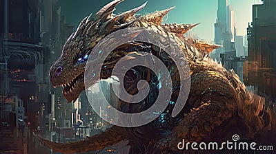 Mechanical dragon in a futuristic city. Fantasy concept , Illustration painting Stock Photo