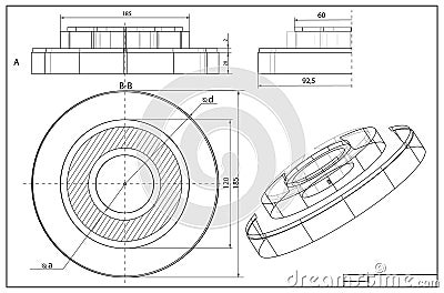 Mechanical engineering drawing and 3d sketch. Technical plan Stock Photo