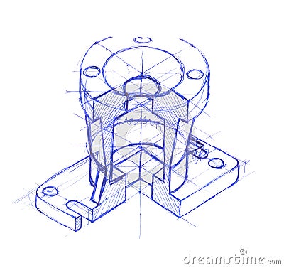 Mechanical engineering drawing. Sketch drawing engineering parts. Isolated illustration Cartoon Illustration