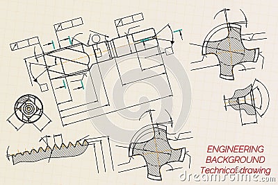 Mechanical engineering drawings on sepia background. Tap tools, borer. Technical Design. Cover. Blueprint. Vector Vector Illustration