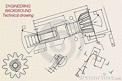 Mechanical engineering drawings on sepia background. Tap tools, borer. Technical Design. Cover. Blueprint. Vector Vector Illustration