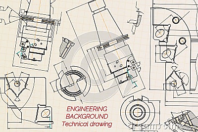 Mechanical engineering drawings on sepia background. Tap tools, borer. Technical Design. Cover. Blueprint. Vector Vector Illustration