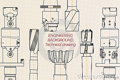 Mechanical engineering drawings on sepia background. Tap tools, borer. Technical Design. Cover. Blueprint. Vector Vector Illustration