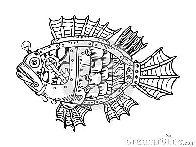 Mechanical fish animal engraving vector Vector Illustration