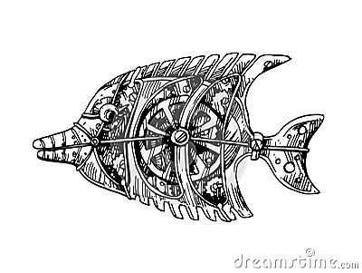 Mechanical fish. Hand drawn vector illustration. Vector Illustration