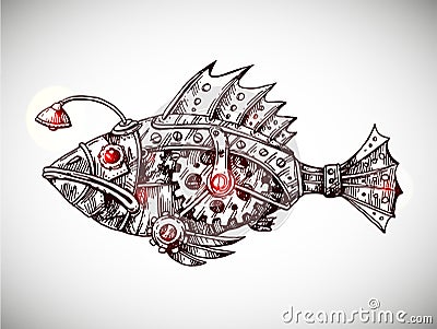 Mechanical fish. Hand drawn vector illustration. Vector Illustration